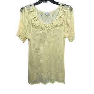 D & Co Denim Company Size 1X Yellow Open Crochet Knit Tunic Top Short Sleeve